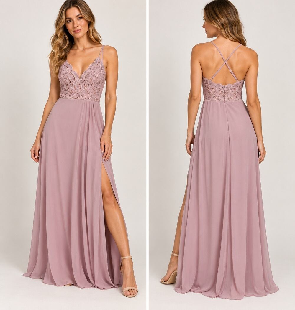 NWT Maniju Mauve Lace Maxi Dress Large Side Slit Criss Cross Back Formal Gown